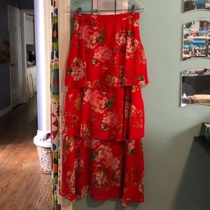 Red Floral Long Skirt